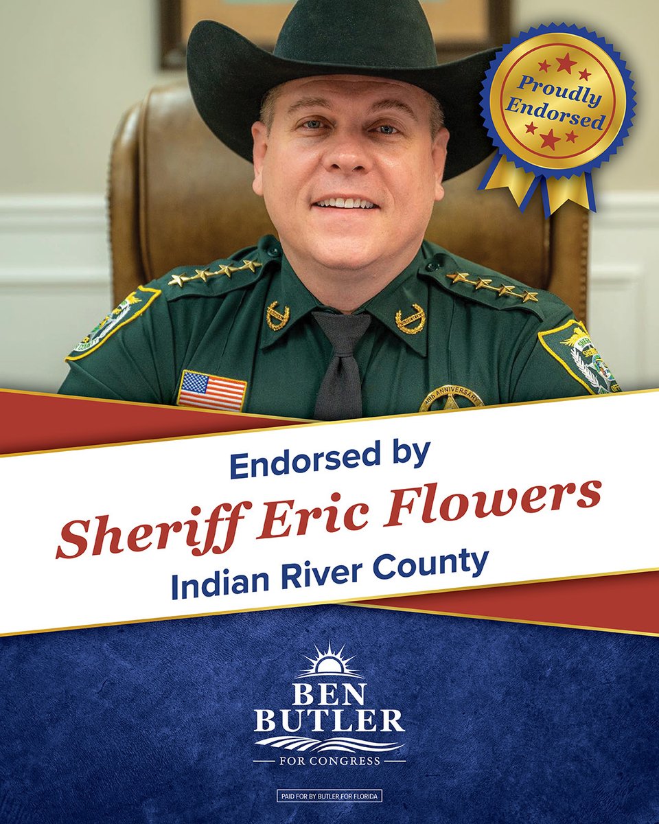 BenButlerFL's tweet photo. Glad to have the support of @Flowers4Sheriff, Sheriff of Indian River County. Sheriff Flowers understands the importance of law and order and standing behind the men and women who protect and serve. Together, we’re fighting for stronger communities and conservative leadership that puts Florida families first.