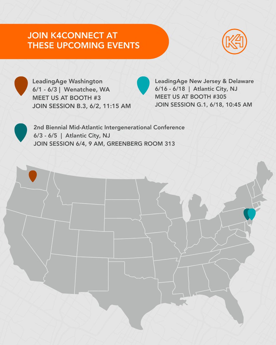 K4Connect's tweet photo. Where can you find K4Connect this June? 👀

We’re showing up, speaking out, and connecting across the country: 

➡️ LeadingAge WA | We are Proud Business Members! 

➡️ Mid-Atlantic Intergenerational Conference 

➡️ LeadingAge NJ/DE | Meet us at Booth #305 https://t.co/ifwTYZaXku