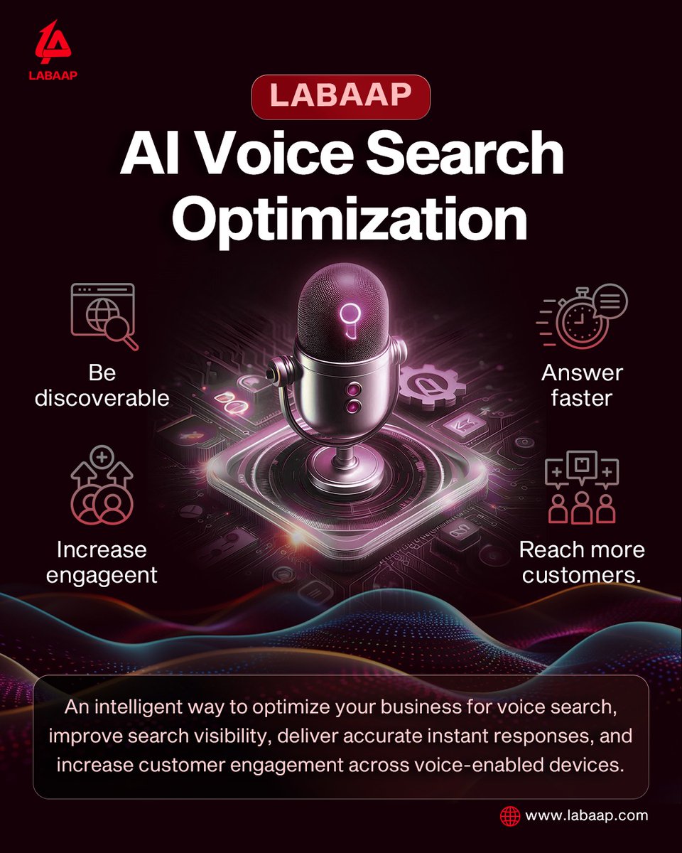 LABAAP_Official's tweet photo. AI Voice Search Optimization for Faster Business Growth

Boost visibility with AI voice search optimization. Improve customer engagement, answer faster, and reach more customers online.

#AI #VoiceSearch #AIOptimization #DigitalMarketing #SEO #AIMarketing  #FutureOfAI #VoiceAI https://t.co/SFXe1Ovu99