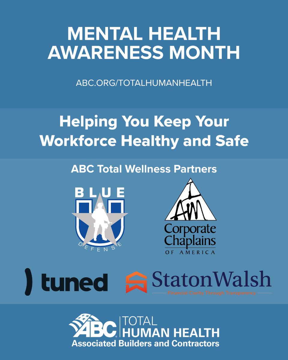 ABC_GMC's tweet photo. ABC’s total wellness partners give members added support, from crisis care and workplace threat resources to virtual hearing benefits and financial wellness for employees. 

https://t.co/KSE70PPnOd

#MentalHealthAwarenessMonth #ABCMeritShopProud #ABCTotalHumanHealth https://t.co/a32cV9LPRY