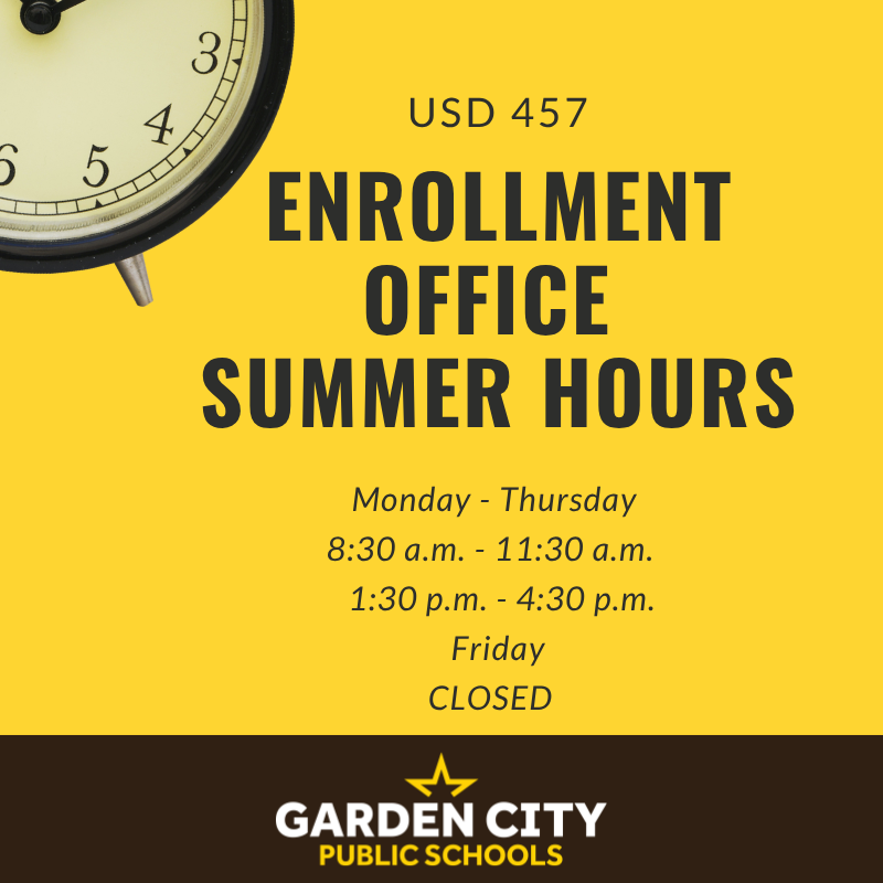 USD457's tweet photo. The Garden City Public Schools Central Student Enrollment Office at the Educational Support Center, 1205 Fleming Street, will be changing its days of operation during the summer. https://t.co/E9EIx29kw7 https://t.co/hjECfPkZ79