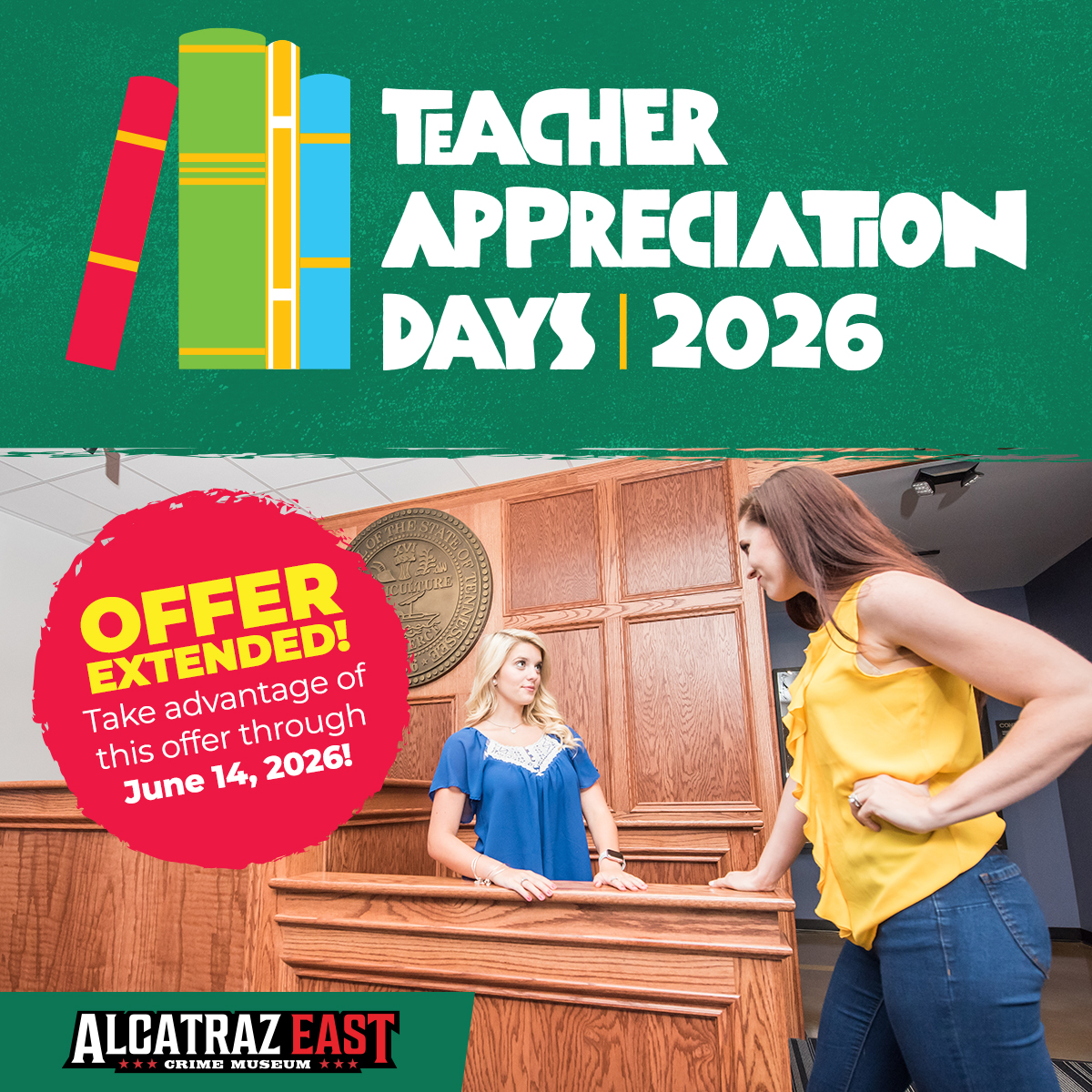 AlcatrazEast's tweet photo. Exciting news! The warden is EXTENDING our Teacher Appreciation Days through June 14th, 2026!  

Teachers &amp; school support staff can explore the museum for FREE during this event. Up to 4 guests can also receive 50% off tickets.
Get your discount here: https://t.co/RcTSpU3krl https://t.co/m7fJeDX9yz