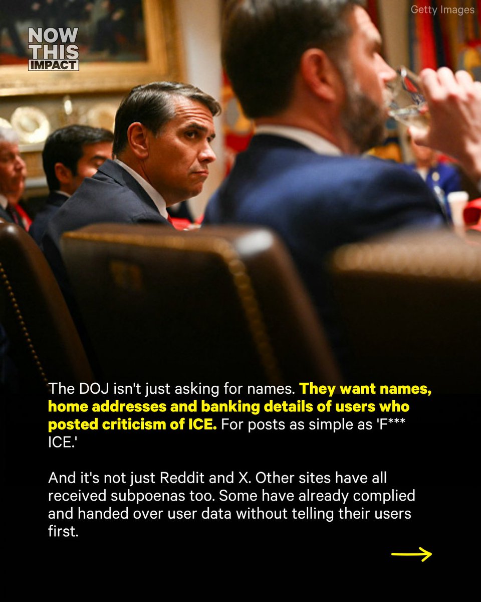 nowthisimpact's tweet photo. Have you ever posted ‘F*** ICE’ online? Well, the DOJ is looking for you. https://t.co/v3V2UG7BEA