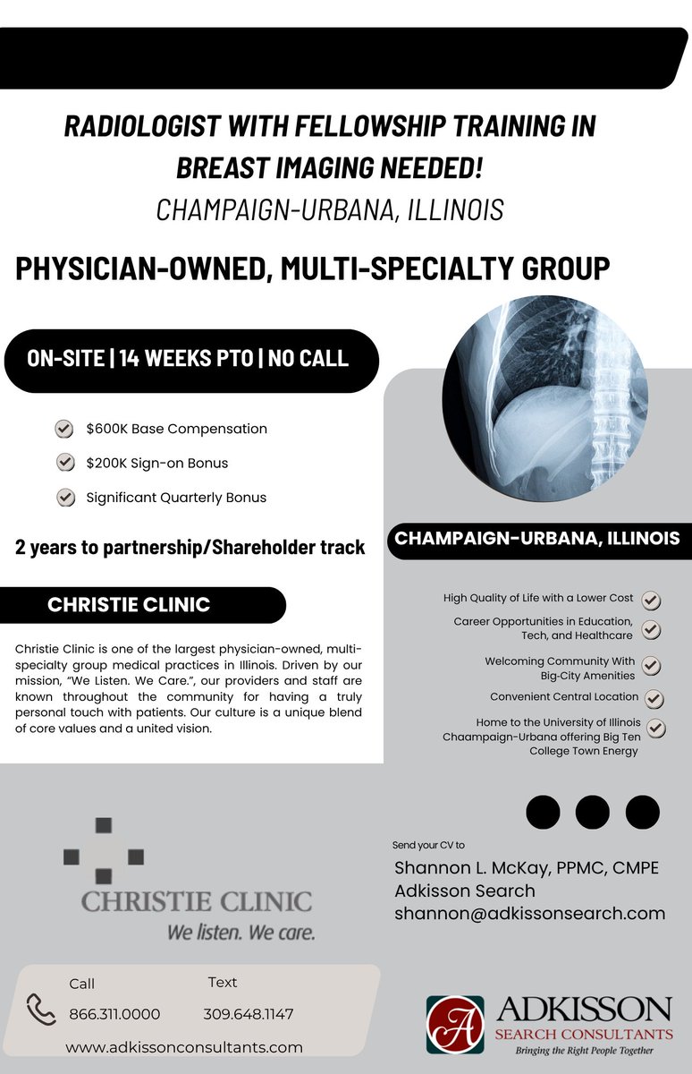 AdkissonSearch's tweet photo. Call or text 309.648.1147 for a confidential inquiry about this exceptional Radiology/Breast Imaging position in Champaign, IL.  $600K-$800K compensation, plus a $200K sign on bonus. https://t.co/oGjYrETSW6