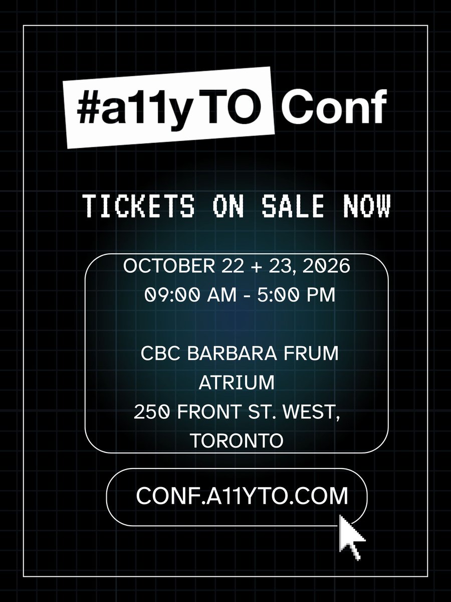 a11yTO's tweet photo. We’re excited to bring #a11yTOConf back to the Barbara Frum Atrium (CBC) on Oct 22–23, 2026. We’re eager to take the stage again for two days of learning, networking, and community-building. Tickets are available now, early bird ends July 31. https://t.co/6zVdxKrQt5