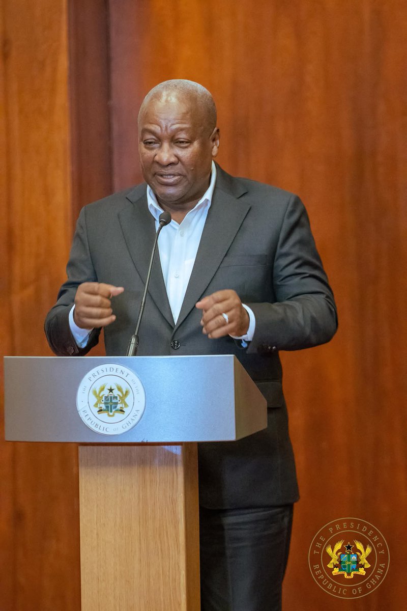 GhanaPresidency's tweet photo. President John Dramani Mahama, together with Vice President Jane Naana Opoku-Agyemang, received the Bono East Regional House of Chiefs led by Nana Owusu Sakyi III, President of the Bono East Regional House of Chiefs, alongside Paramount Chiefs, Queen Mothers and traditional leaders from across the Region.

The delegation, accompanied by the Minister for Local Government, Chieftaincy and Religious Affairs, Hon. Ahmed Ibrahim, and the Bono East Regional Minister, Hon. Francis Owusu Antwi, paid a courtesy call on the President to discuss issues of development and shared national interest affecting the Bono East Region.

During the engagement, the chiefs commended Government for the progress made thus far, while President Mahama reaffirmed Government’s commitment to strengthening the economy and supporting the Region’s strategic role in agriculture, trade and commerce, particularly within Techiman and its surrounding communities.

The President further outlined a number of key interventions earmarked for the Region, including the establishment of special markets under the 24-hour economy initiative, the development of Farmer Service Centres, the construction of a 50,000 tonne cashew processing factory, major road infrastructure projects, and plans towards the establishment of a Regional Hospital for Bono East.

#MahamaThePresident