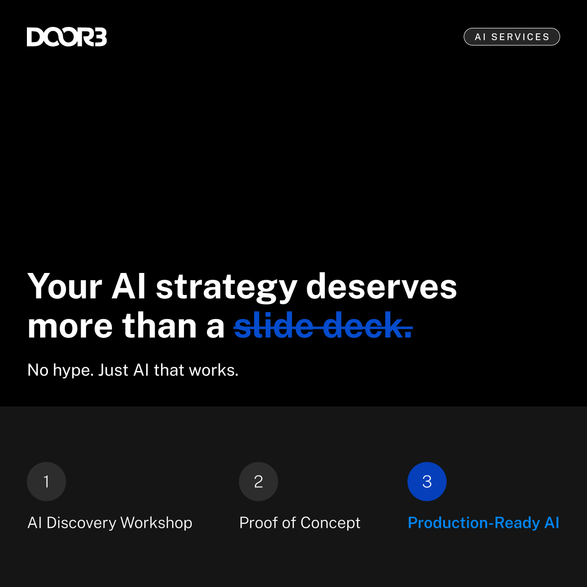 DOOR3's tweet photo. Your AI strategy deserves more than a slide deck.

DOOR3's three-phase approach takes you from idea to production with minimal risk:
→ AI Discovery Workshop: align on objectives, define readiness, build a practical roadmap 
→ Proof of Concept: uncover what's blocking growth and fix it fast 
→ Production-Ready AI: launch applications, build agents, modernize legacy systems

No hype. No vague timelines. Just AI that works in your reality.

https://t.co/iRpV2TpwkS

#AI #ArtificialIntelligence #EnterpriseAI #Innovation #DOOR3