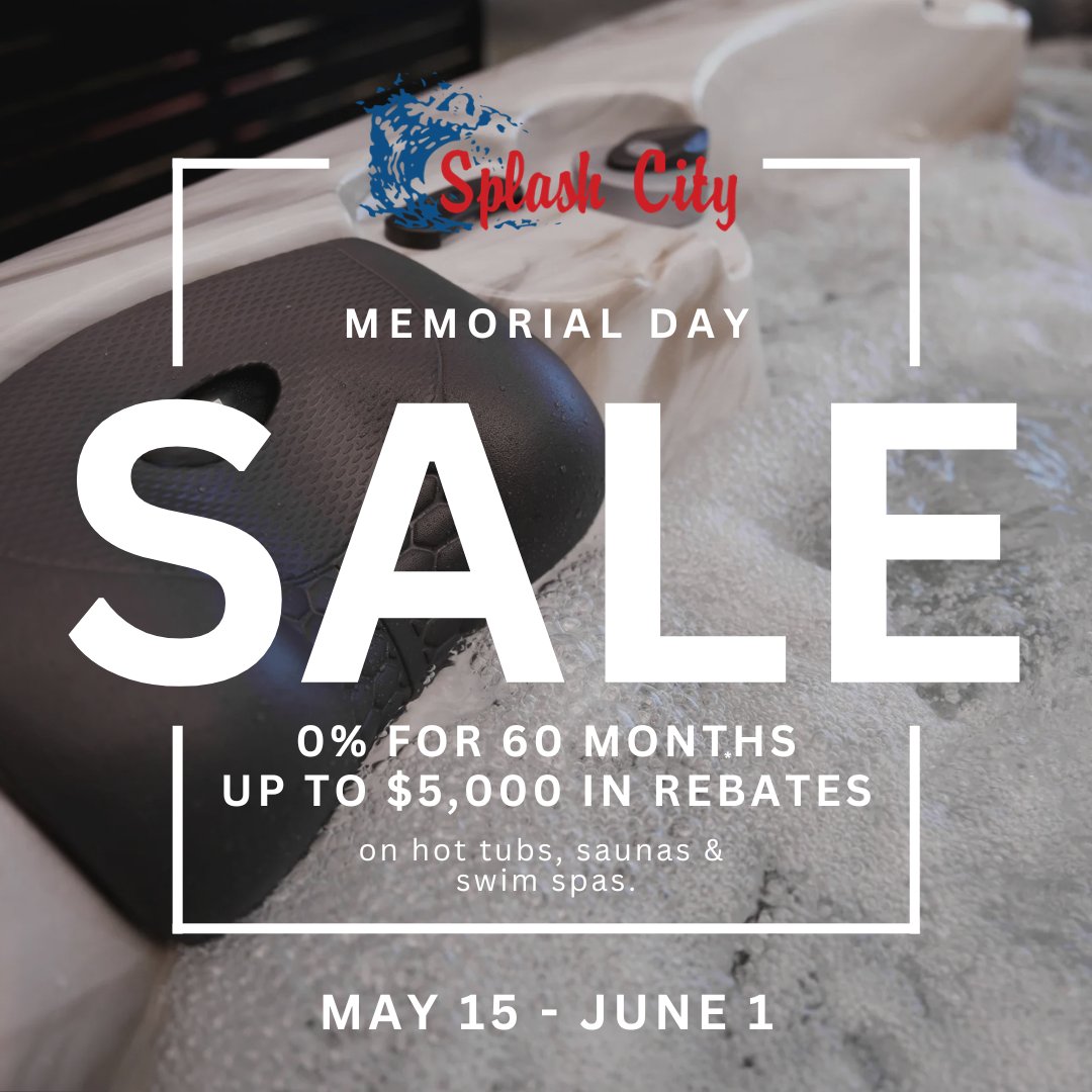 SplashRapid's tweet photo. The Memorial Day Sale wraps up soon, so if a new hot tub, sauna, or swim spa has been floating around in your brain, now’s a good time to take a look. 0% financing for 60 months and up to $5,000 in rebates on select models. https://t.co/93gbd8pCO6