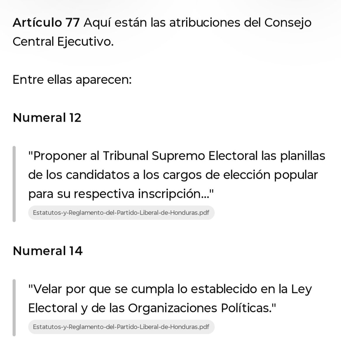 A_KEDC's tweet photo. Julia, entonces, el problema del PLH es mucho mas grande que algo pactado entre Pablito y @drcumana, ambos adultos .
Si el CCEPL no tuvo conocimiento del cambio, entonces la pregunta institucional es  seria.

Los estatutos definen al Consejo Central Ejecutivo como la máxima autoridad administrativa y ejecutiva del Partido Liberal. Además, le atribuyen la responsabilidad de proponer las planillas de candidatos para su inscripción y velar por el cumplimiento de la Ley Electoral.

Por eso, más allá de las responsabilidades individuales, corresponde explicar qué instancia revisó, validó y supervisó el procedimiento. Porque si el CCEPL no lo hizo, entonces estamos frente a una falla de control institucional; y si sí intervino alguna instancia, corresponde identificar cuál fue. Donde esta @RobertoContreM ?

@Chaveztoon @drcumana