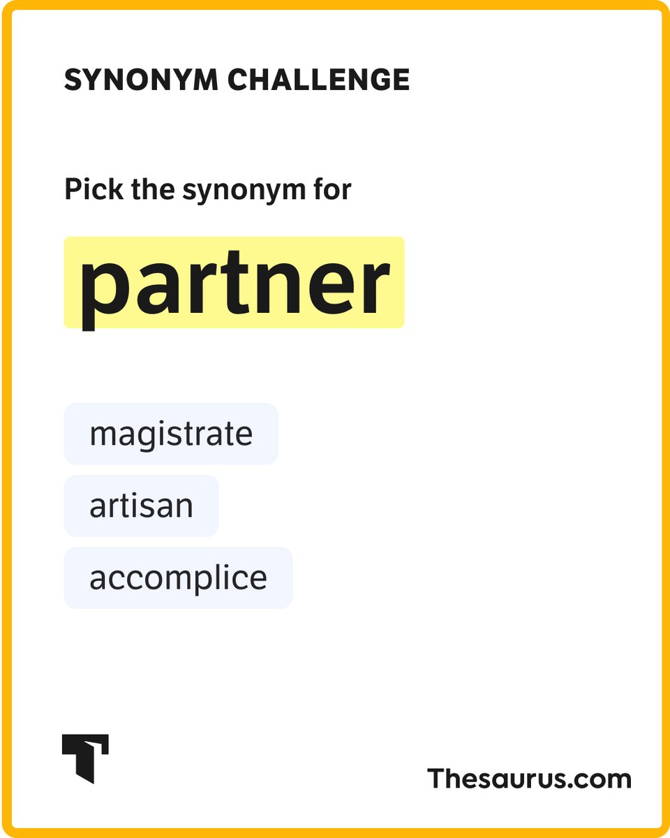 thesauruscom's tweet photo. Which of these words is synonymous with partner?

Test yourself with today’s #SynonymChallenge here: https://t.co/FuIARLE0Bj https://t.co/PnsjS5bsAG