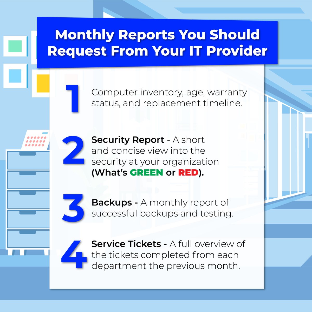 spectrumvirt's tweet photo. Operating your business without regular IT reports leaves you vulnerable to hidden hardware failures and security gaps. Strategic technology planning requires consistent updates on asset lifecycles, backup logs, and ticket trends. https://t.co/yA0ofygB0r https://t.co/fgTaDNnkfA