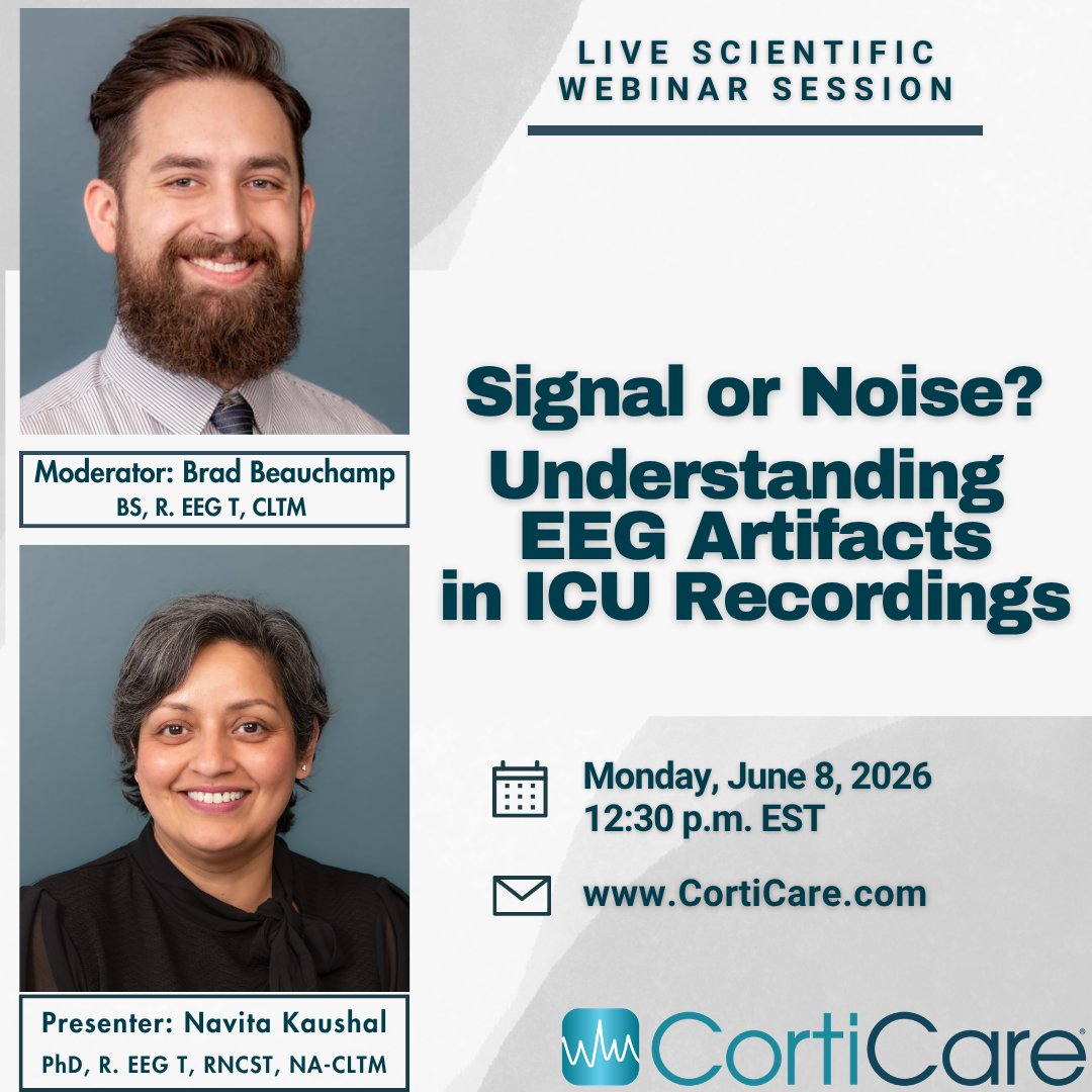corticare's tweet photo. Not all EEG recordings in ICU are cerebral, which makes it challenging to interpret them.                

From ventilators and pumps to patient movement and environmental interference, ICU EEG recordings are filled with artifacts that can complicate interpretation and patient management.

Join CortiCare on Monday, June 8, 2026, at 12:30 p.m. EST for: “Signal or Noise? Understanding EEG Artifacts in ICU Recordings”

Learn more about the physiological and environmental artifacts commonly seen in ICU EEG monitoring and how to better recognize these patterns in clinical practice.

Attendees are eligible to receive 1 free ASET CEU credit.

Save your spot:
https://t.co/018GvDIU0i

#EEG #ICUEEG #CriticalCare #Neurology #Epilepsy #HealthcareEducation #CortiCare #CortiCareWebinar