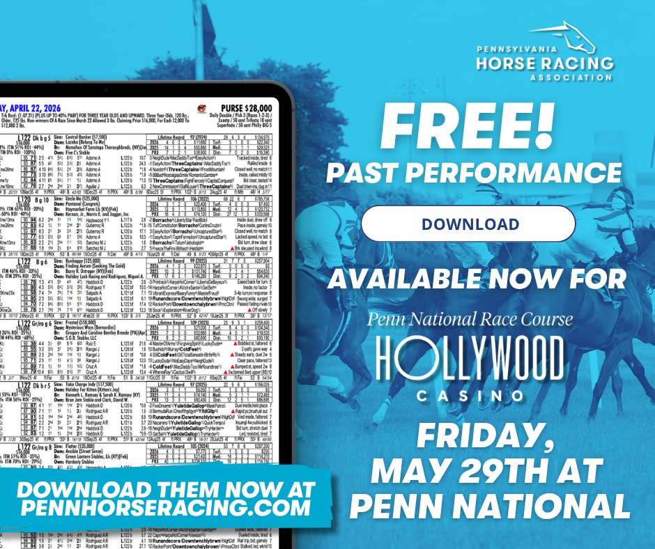 PennHorseRacing's tweet photo. Get a head start on handicapping the massive Penn Mile Day card for tonight. Download your FREE Past Performances right now courtesy of the PHRA! 

Grab your free download here: 👇
https://t.co/EcI9pGMlxU 

#PennNational #PennMile #HorseRacing #Handicapping #PAbred #FreePPs #PAHorseRacing