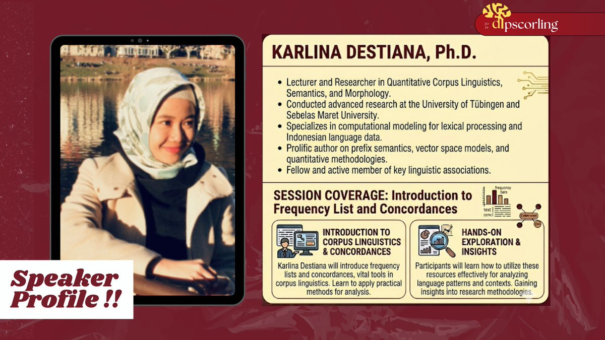 DipSCORLING2025's tweet photo. Want to master the art of finding patterns in large datasets? 📊

Join Dr. Karlina Denistia @karlinakuning #DIPSCORLING2026 as she breaks down how to effectively use frequency lists and concordances. 

Secure your spot now: https://t.co/h3VMUZ9O5C

 #DIPSCORLING2026 #SummerCourse https://t.co/dxRNxBbZKJ