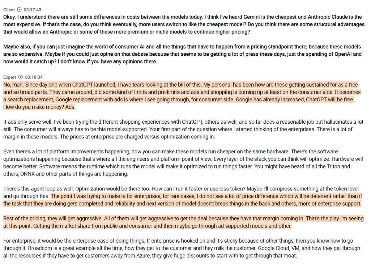 AlphaSenseInc's tweet photo. Interview with a $MSFT employee on why pricing pressure on models is inevitable ( $AMZN, $GOOGL ):

- The expert describes $MSFT as having moved to a multi-model platform, where customers can run OpenAI, Anthropic, DeepSeek, and open source models all within Azure, with $MSFT providing the compute, reliability, and enterprise guarantees regardless of which model is chosen. The real competitive edge the expert highlights is around data handling and enterprise readiness, with Azure's existing data estate giving it a natural advantage.

- The expert sees OpenAI's main advantage from the $MSFT partnership on the training side rather than inference, where the large clusters co-designed with $MSFT give OpenAI the infrastructure and technical support to iterate at scale in a way that would be harder to replicate elsewhere. On the $MSFT side, products like GitHub Copilot are built on top of different APIs and could switch models, making the advantage less about model lock-in and more about the engineering part.

- The expert sees meaningful differences across models. Claude is seen as having a clear edge on safety and control. In terms of reasoning, OpenAI is seen as the strongest. $GOOGL's Gemini holds an advantage on multimodal capabilities, which the expert attributes to $GOOGL's access to vast amounts of multimodal data from YouTube, audio, and other sources, making it particularly strong on visual language tasks compared to OpenAI.

- The expert expects models to reach a point where they perform similarly for most common use cases within the next couple of years. Once that happens, pricing pressure will follow, driven by competition among model providers. The value chain will then shift upward, with differentiation moving away from the base model and toward integration, ecosystem, and higher-value use cases that sit on top of it.

- The expert sees the consumer AI pricing question as ultimately resolving through ads, with OpenAI moving toward a $GOOGL ad-supported model as the path to sustaining free or low-cost access at scale. For enterprises, price is not seen as the deciding factor, with reliability, task completion, and not breaking existing workflows mattering far more than cost differences between providers.
