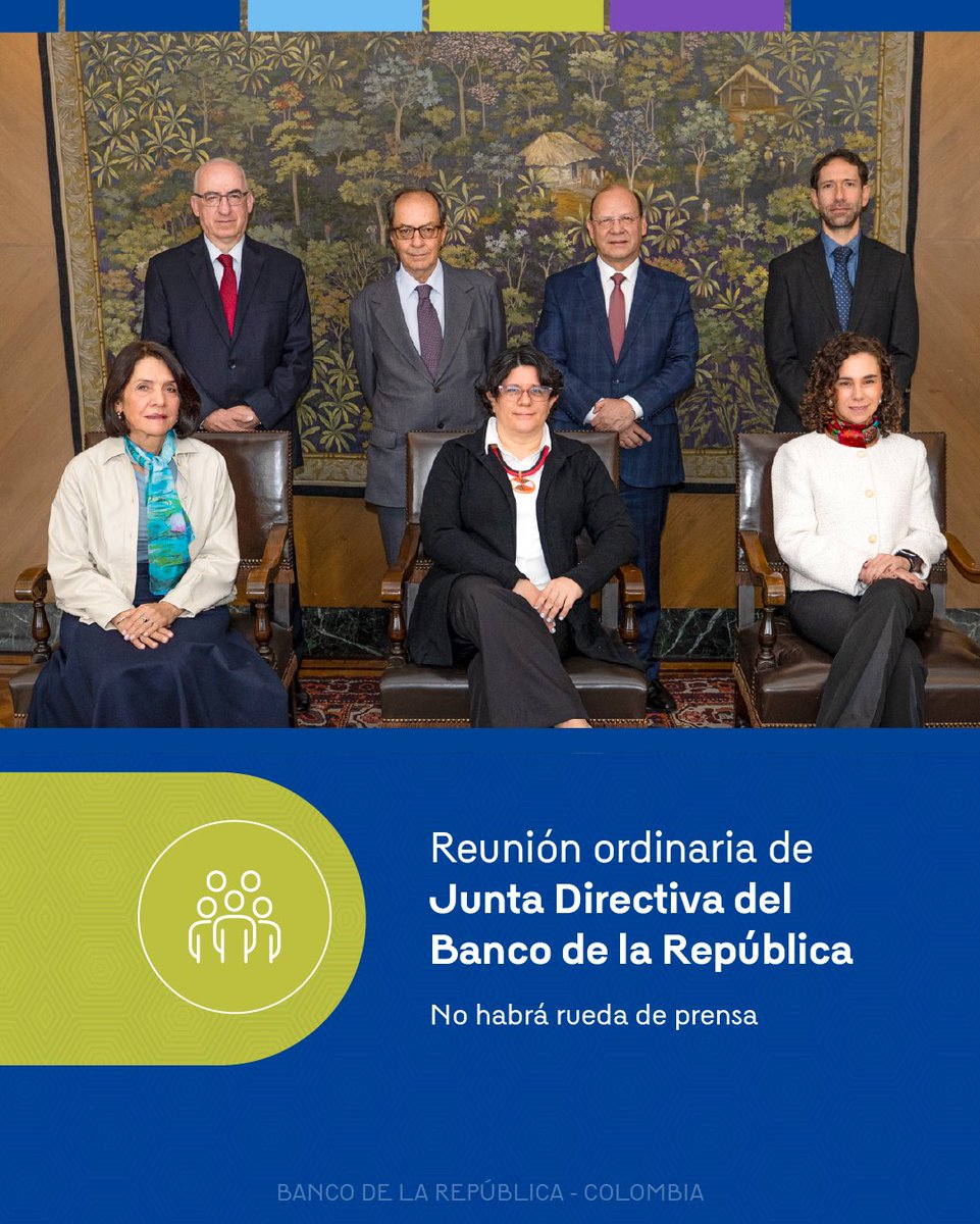 BancoRepublica's tweet photo. #AEstaHora se desarrolla la reunión de la #JuntaBanRep de mayo para analizar y hacer seguimiento a la situación económica del país.
Recuerde que la Junta Directiva del Banco de la República se reúne mensualmente y en 8 de las 12 reuniones toma decisiones sobre el nivel de la tasa de interés de intervención. Este mes no se toman decisiones de política monetaria.