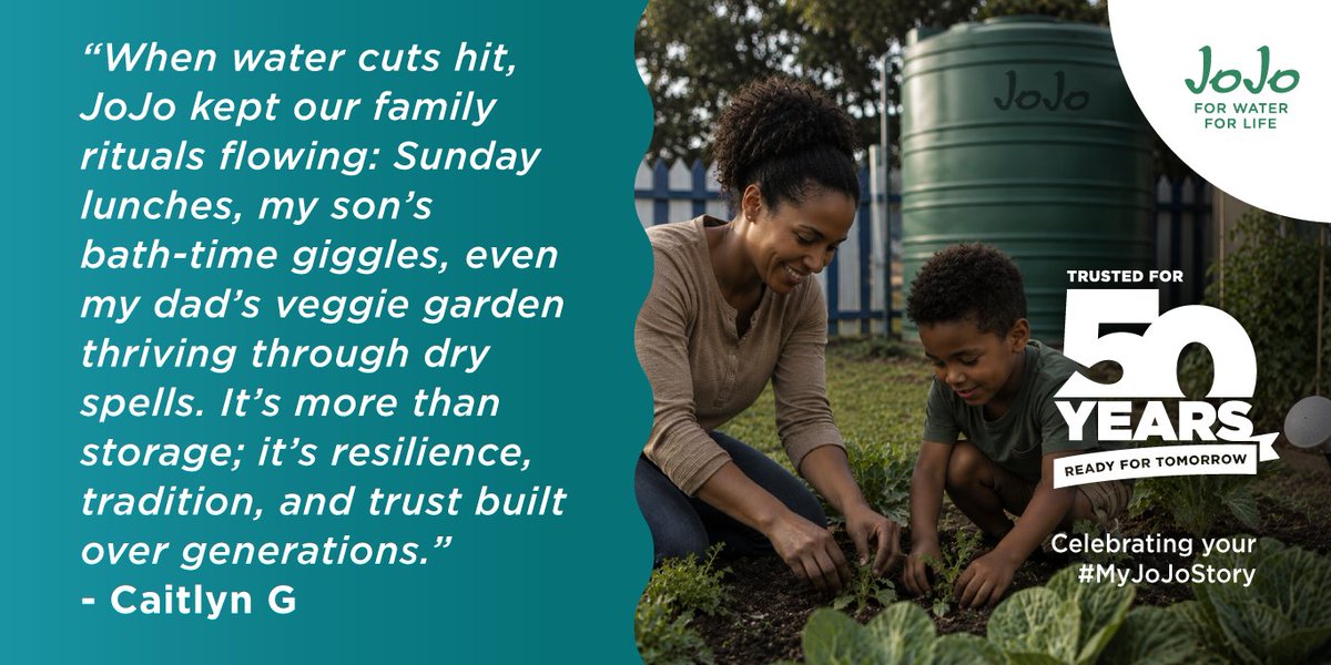 JoJo_tanks's tweet photo. Across South Africa, water security is about more than preparation. It helps keep family life going when water cuts hit — from traditions to gardens to daily routines. For 50 years, JoJo has supported families with practical water solutions 🚿🚰🚽 ​

#JoJo50Years #MyJoJoStory https://t.co/0QxLWpWyH0