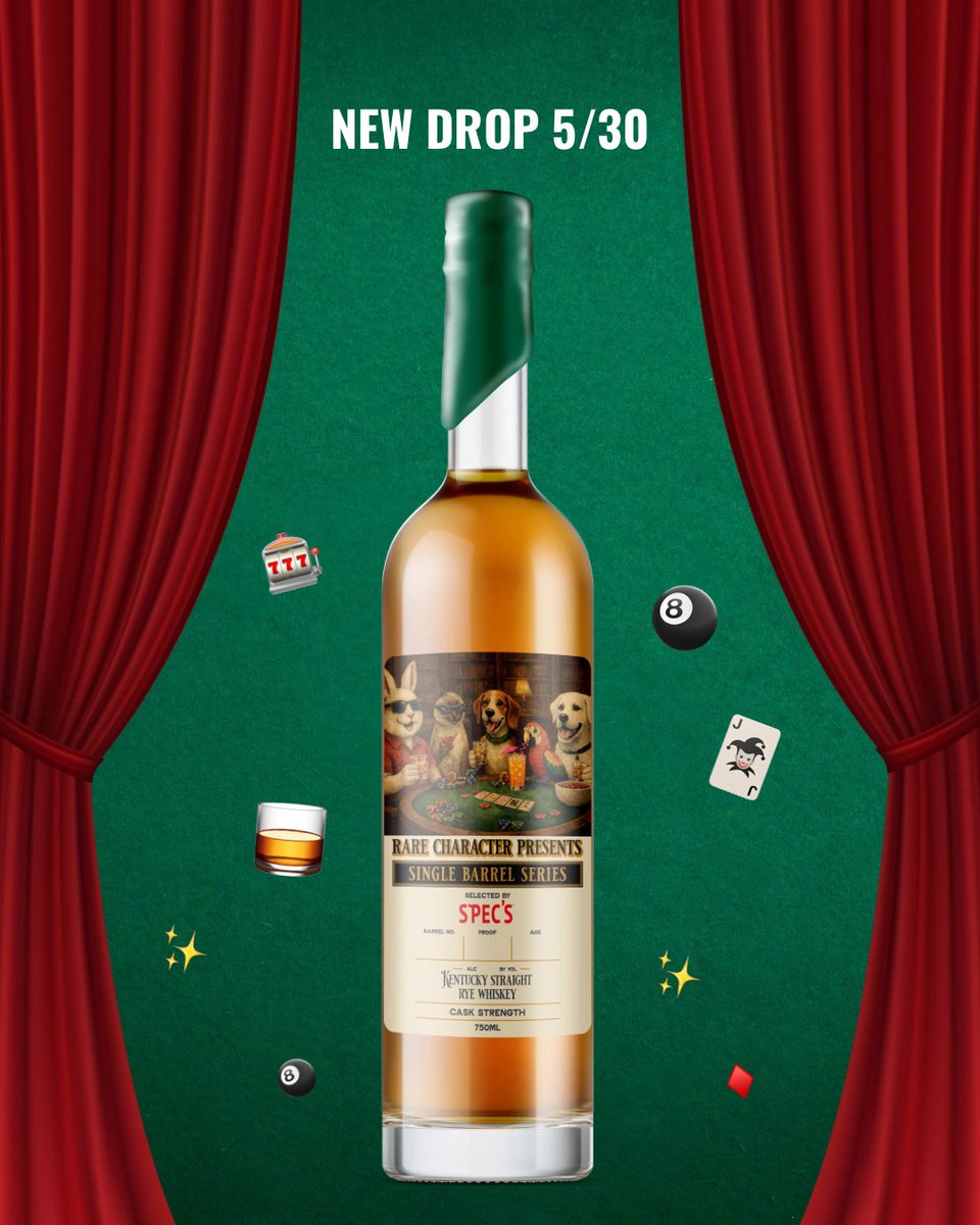 Specs1962's tweet photo. 🚨 DROP ALERT 🚨 5/30 @ 10AM

The cards are on the table, our latest Spec’s Rare Character Series release "Ante' Up Bunny" is making it's way to stores tomorrow 🥃 ♠️ ♦️

This Kentucky Straight Rye Whiskey is aged over 8 years at 112.4 proof with a 95/5 mash bill. https://t.co/zQUeV2Nq8a