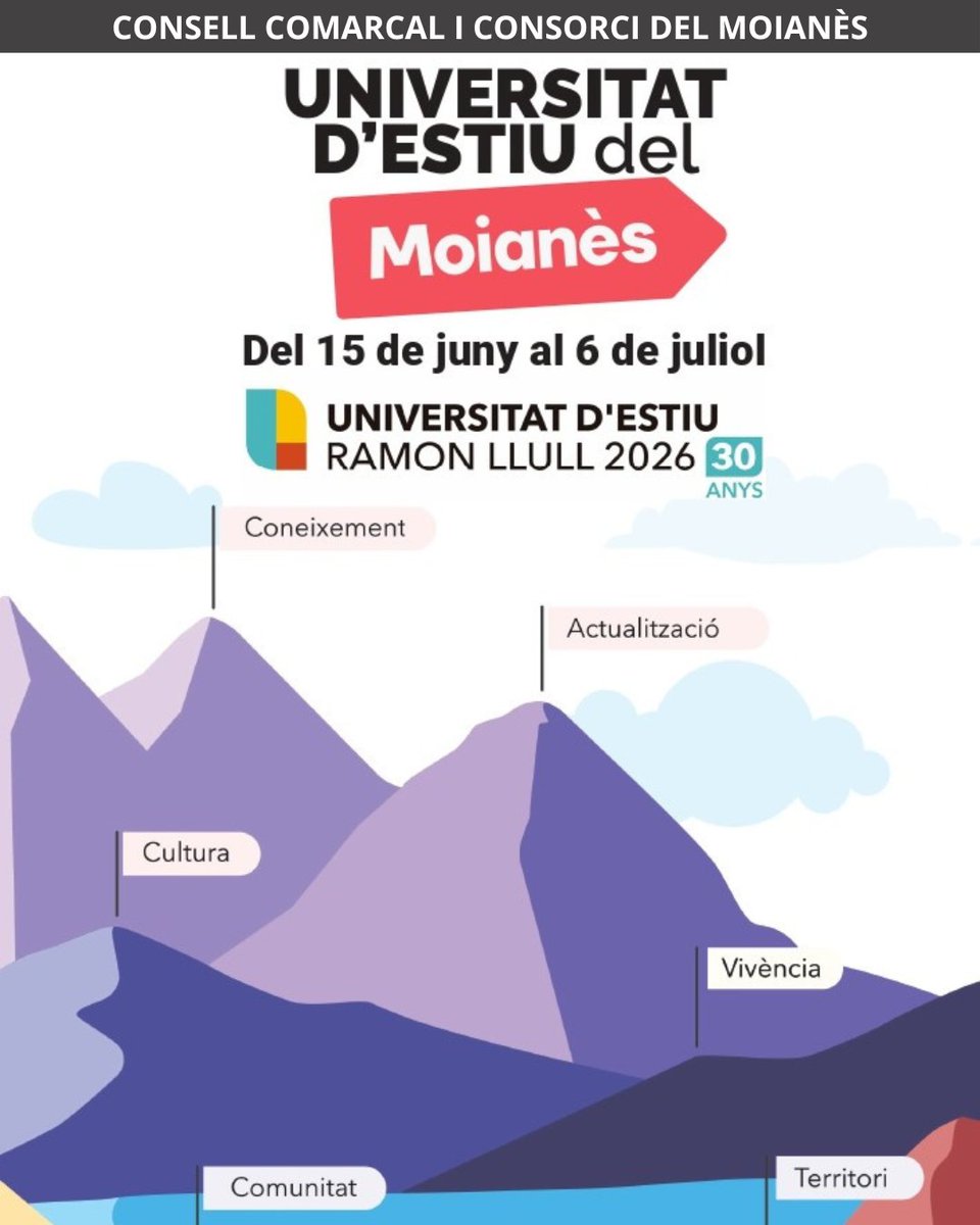 comarcamoianes's tweet photo. Ja tenim aquí el programa de la 12a edició de la Universitat d'Estiu del #Moianès!
🗓️del 15 de juny al 6 de juliol.

🔺Presentació del llibre "Anatomia de l'esperança" amb Francesc Torralba.
🔺Curs de patrimoni i història: un recorregut per la industrialització del Moianès... https://t.co/3wnNr8pCT6