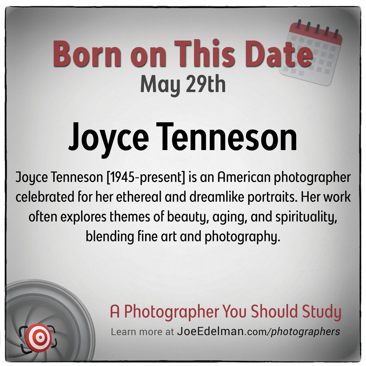 JoeEdelman's tweet photo. American photographer Joyce Tenneson was born in Weston, Massachusetts on this date (5/29) in 1945.

➡️ Learn more about her and view her work at: https://t.co/koMpcLfWjr

#Photography #BornOnThisDay #photographertostudy https://t.co/9h38Lrf3jc