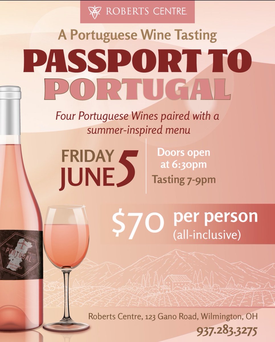 RobertsCentre's tweet photo. Join us for Passport to Portugal – A Portuguese Wine Tasting, an unforgettable evening featuring four exceptional Portuguese wines paired with a summer-inspired, chef-crafted menu.

🎟️ Buy Your Tickets Here: https://t.co/XRES4Y8tU2 https://t.co/K8rpFC0PKX