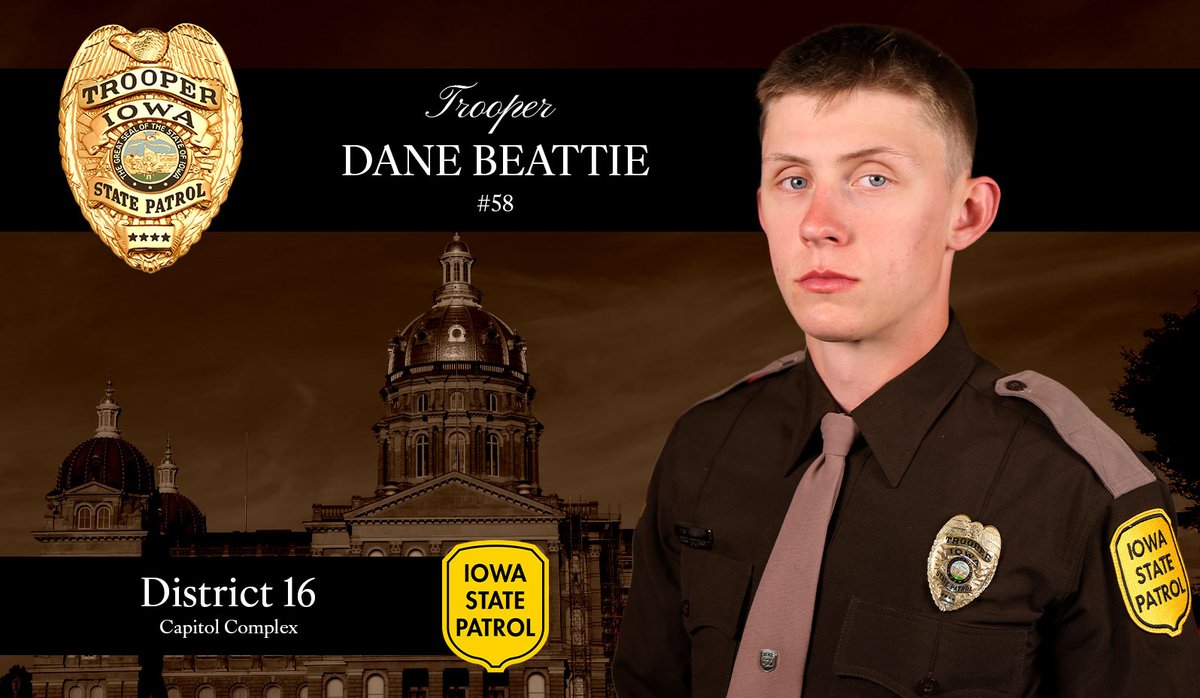 iowastatepatrol's tweet photo. Meet the Grad: Trooper Dane Beattie (ISP #058). The 54th DPS academy grad is now assigned to District 16 (Capitol). A Collins‑Maxwell HS alum who studied criminal justice at DMACC, he enjoys guitar, sports, and time with family and friends. Welcome to the ISP, Trooper Beattie! https://t.co/uzLPYtL0Mn