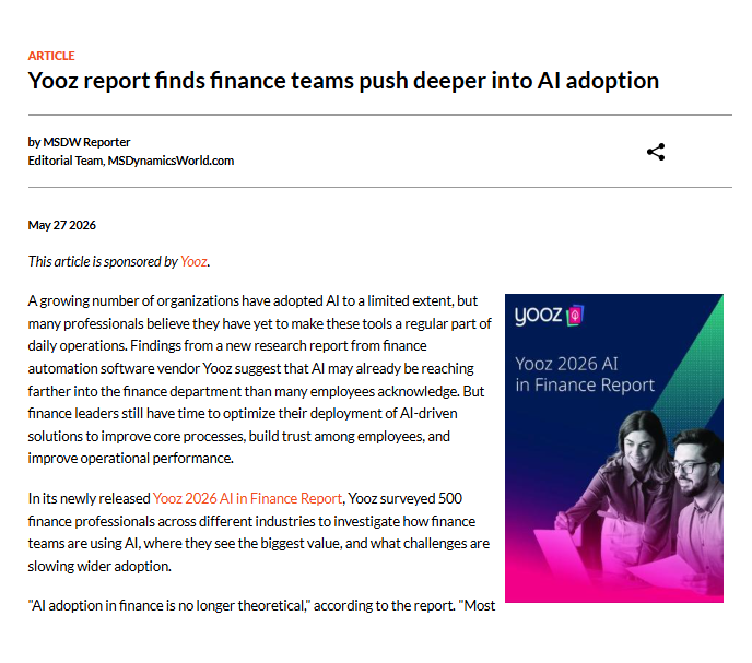 msdynamicsworld's tweet photo. Yooz report finds #finance teams push deeper into AI adoption. https://t.co/QqwFEtFxSq https://t.co/e0xfi1owBk
