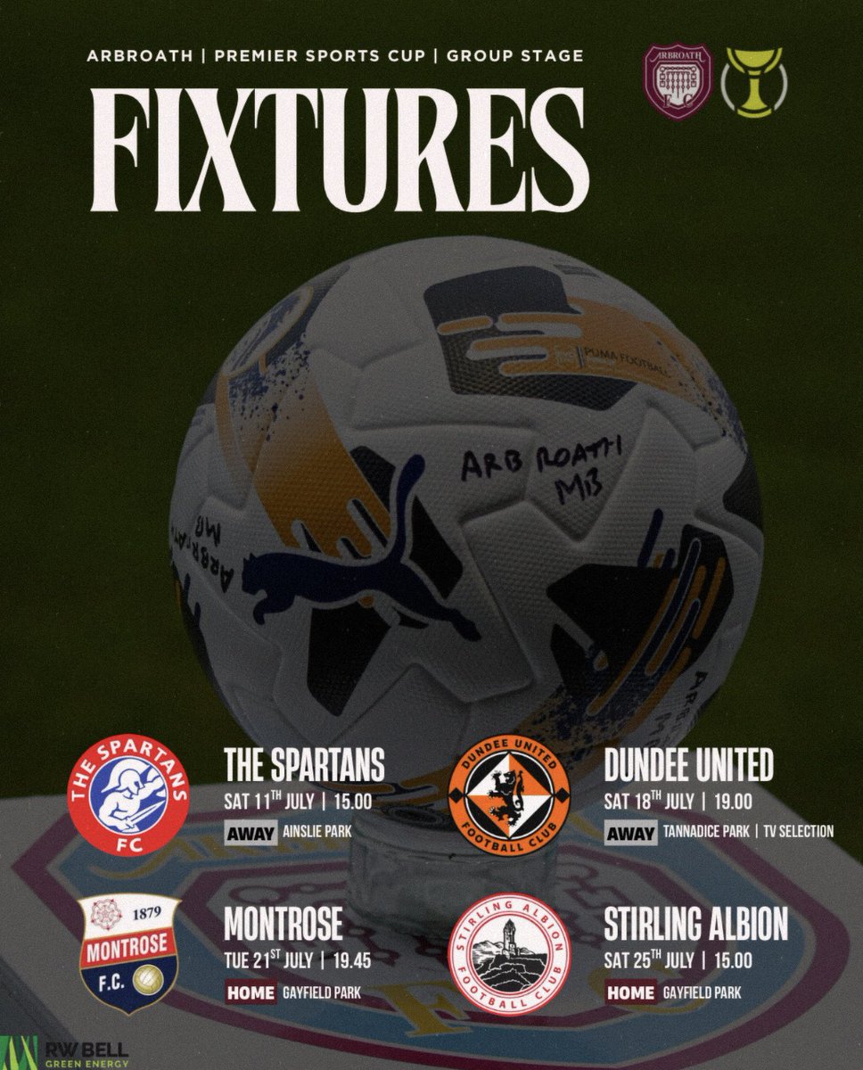 ArbroathFC's tweet photo. 𝐏𝐫𝐞𝐦𝐢𝐞𝐫 𝐒𝐩𝐨𝐫𝐭𝐬 𝐂𝐮𝐩

Our fixtures for the Premier Sports Cup have been confirmed. 

Ticket information will be announced in due course. Please be advised, season tickets will NOT be valid for these fixtures. 

#ArbroathFCLive #MonTheLichties #Fearless https://t.co/3RcZDNzLFR