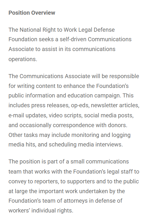 RightToWork's tweet photo. The National Right to Work Legal Defense Foundation seeks a self-driven COMMUNICATIONS ASSOCIATE to assist in its communications operations. https://t.co/FheHsiUxrf