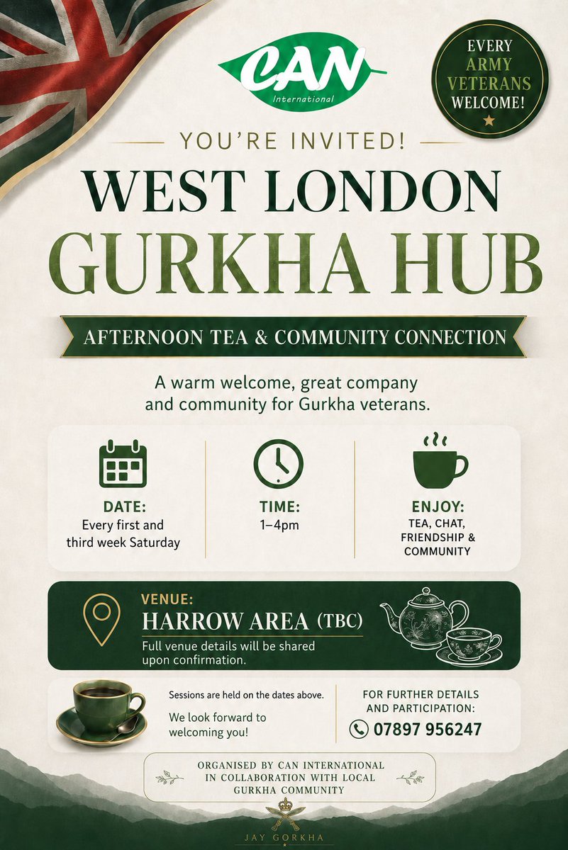 canintl16's tweet photo. West London Gurkha Hub launches a new Community &amp; Peer Support Programme for veterans.
Afternoon tea, peer support &amp; wellbeing activities for Gurkha &amp; armed forces veterans.
📞 07897956247
All veterans welcome.
Jay Gorkha!
#wellbeing #gurkhaarmy #Veterans #communitysupport https://t.co/0qHGgiy5DR