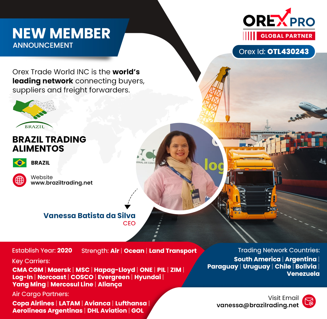 Orextradeworld's tweet photo. Welcome Brazil Trading Alimentos 🇧🇷 to the Orex Trade World Network!

Specializing in Air, Ocean &amp; Land logistics, they strengthen cargo movement across South America and global markets.

Looking forward to growing together. 

#OrexTrade #Logistics #GlobalTrade #GlobalBusiness https://t.co/5wuXhCGVJc