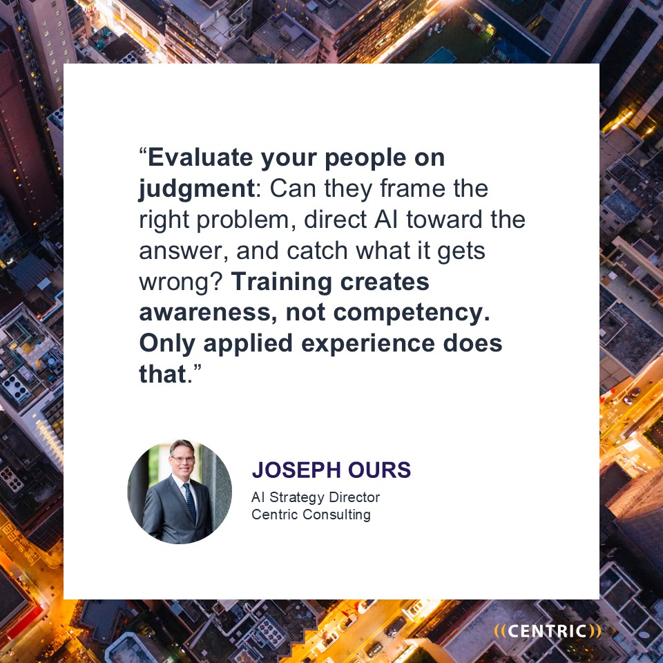 centric's tweet photo. Most performance metrics reward speed and volume—the exact capabilities AI commoditizes first. Joseph Ours argues that leaders must shift their evaluation metrics to something AI can't replicate, human judgment. Here's more:  https://t.co/WlcGW072So https://t.co/Xc2orR9EFf