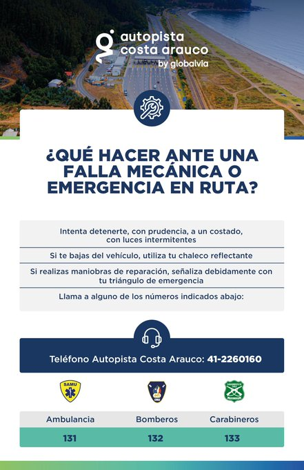 costarauco's tweet photo. 🚨🚗 En caso de falla mecánica, detente a un costado con precaución, activa tus luces intermitentes y usa el chaleco reflectante si sales del vehículo. ☝️⚠️🚘 Señala tu ubicación con el triángulo de emergencia. Llama al 41 22 60 160 para asistencia. https://t.co/DmkW6iSvWL