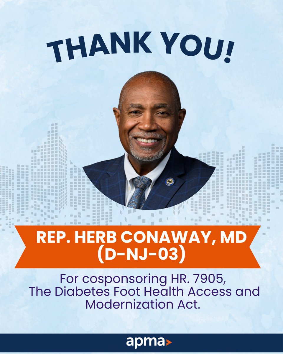APMA's tweet photo. Thank you @RepHerbConaway for cosponsoring H.R. 7905, the Diabetes Foot Health Access and Modernization Act, which would reduce Medicare documentation burdens for therapeutic shoes and establish Medicaid coverage parity for podiatrists! #DiabetesCare https://t.co/XE58yODgz4