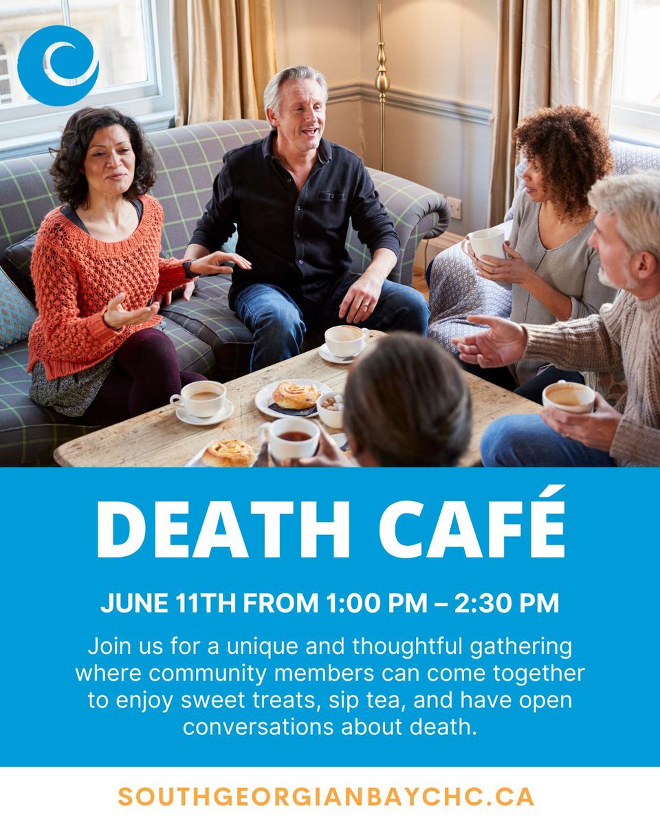 SGB_CHC's tweet photo. ☕ Death Café 🍰
📅 Thursday, June 11
🕐 1:00 PM – 2:30 PM
📍 South Georgian Bay CHC
Register here: https://t.co/5sKs0LsZ4p
#SGBCHC #DeathCafe #CommunityConversation #PalliativeCare #HealthAndWellness #CommunityHealth https://t.co/NHabwJbiv5