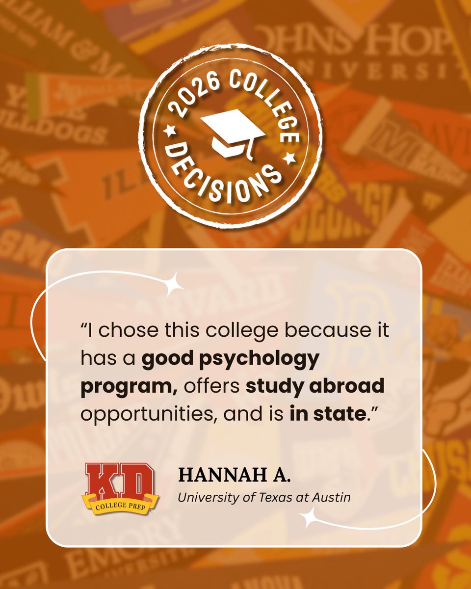 KDCollegePrep's tweet photo. Yay, Hannah! Today we celebrate her decision to attend @UTAustin in the fall. 🤘 UT's highly-ranked, research-focused psychology program sounds like it's a match made in heaven for you, Hannah. We're so proud of you! https://t.co/WZFKQYAUg4
