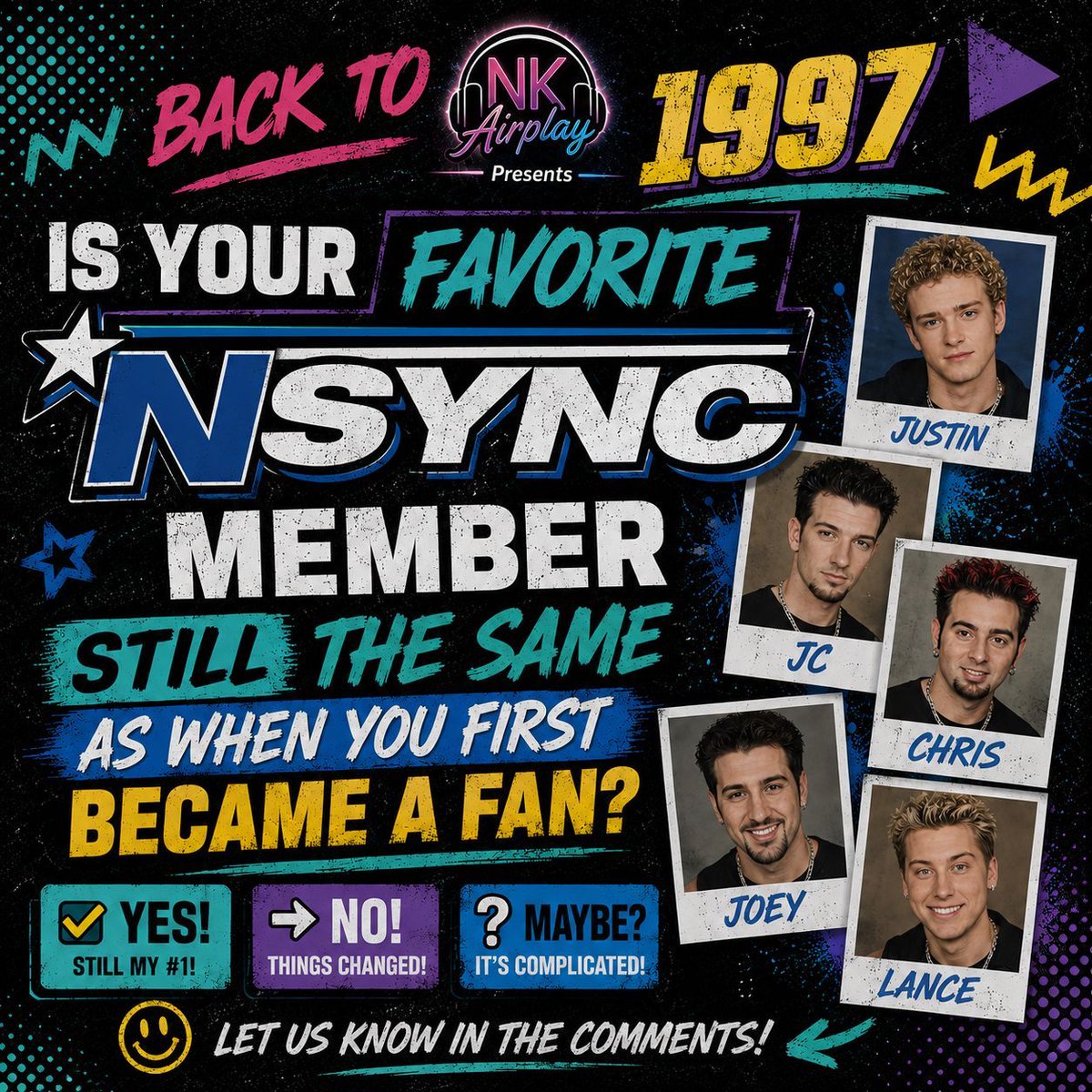 NKAirplayRadio's tweet photo. Is your favorite *NSYNC member still the same as when you first became a fan?
#NSYNC #BoysInTheBand https://t.co/l80dr9VmWn