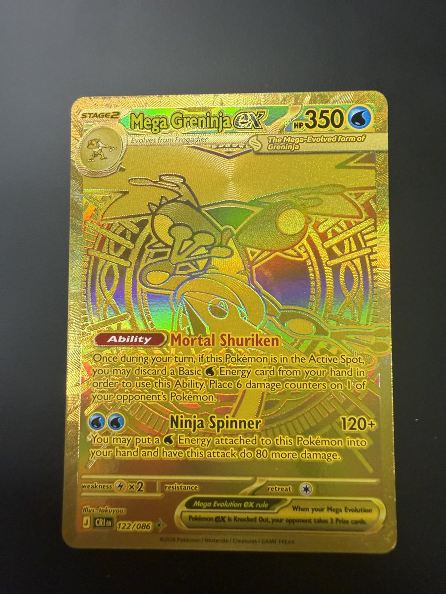 winmetawei's tweet photo. my luck today is so insane. pulled the chaos rising gold pokemon card and thats a 1 is to 1,100 hir rate. 

then pulled my first SIR, the mega greninja. 

both are roughly 50k pesos raw. should i PSA them? https://t.co/dxhEbmZ8w7