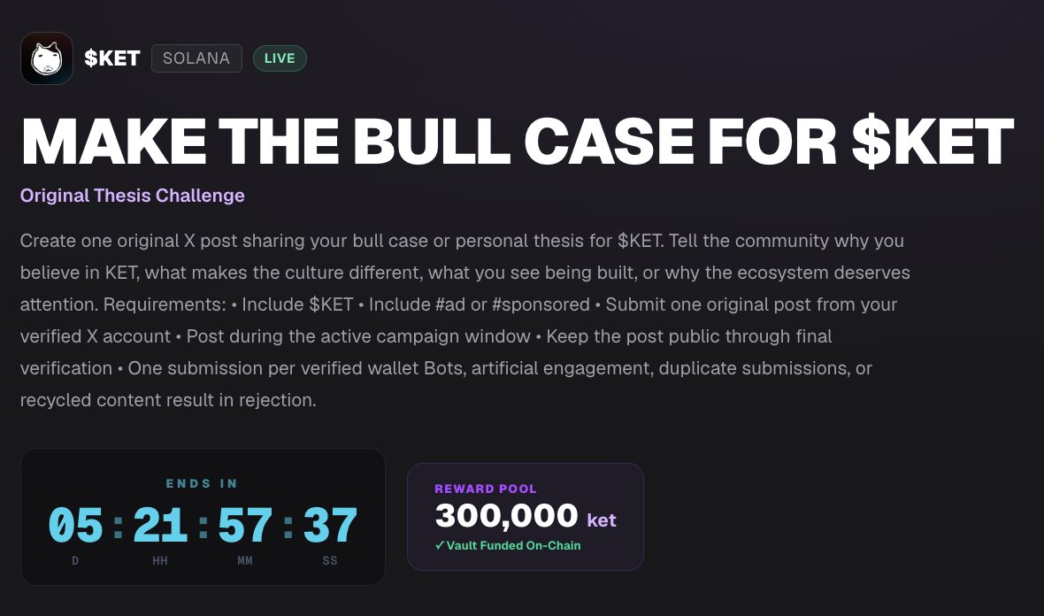 UrbanLegendsAV's tweet photo. We just launched PulseBoost Beta Campaign #2. ⚡

300,000 $KET is funded on-chain and live inside Printr Pulse.

This round is simple:

Make your original bull case for $KET.

No recycled posts.
No artificial engagement.
No spam.
Top 3 rewards:
🥇 150K KET
🥈 90K KET
🥉 60K KET
Include $KET + #ad or #sponsored, then submit through the campaign page:

https://t.co/XcYYOUzyeQ