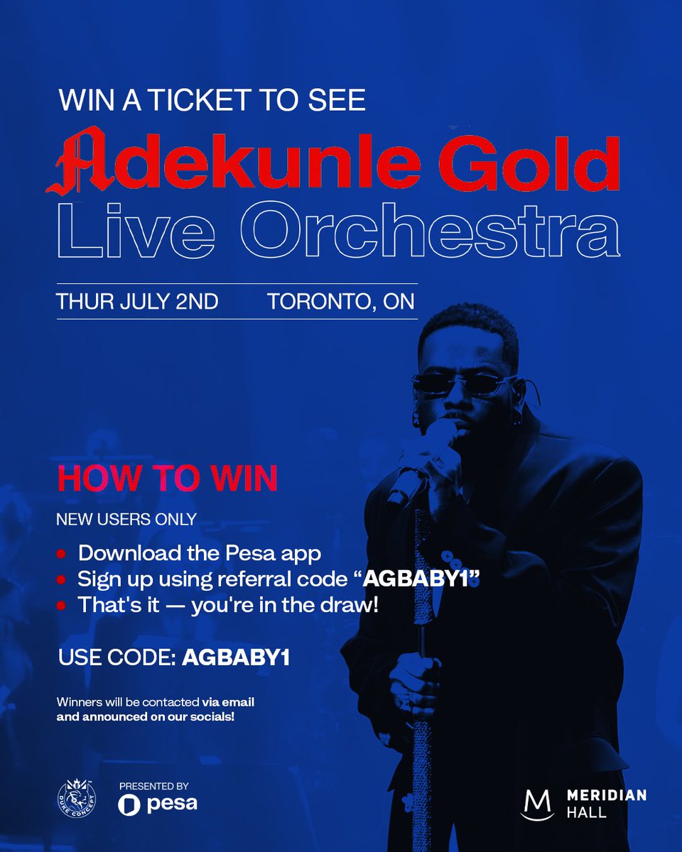 joinpesa's tweet photo. Haven’t gotten your ticket to see Adekunle Gold live? Don’t worry, we got you 😉

This is your chance to win a ticket to the Adekunle Gold Live Orchestra in Toronto.

Here’s how to enter:
• Download the Pesa app
• Sign up with referral code “AGBABY1”
• You’re automatically entered into the draw 

Simple, fast, and your night with AG could be secured 

Winners will be contacted via email and announced on our socials.