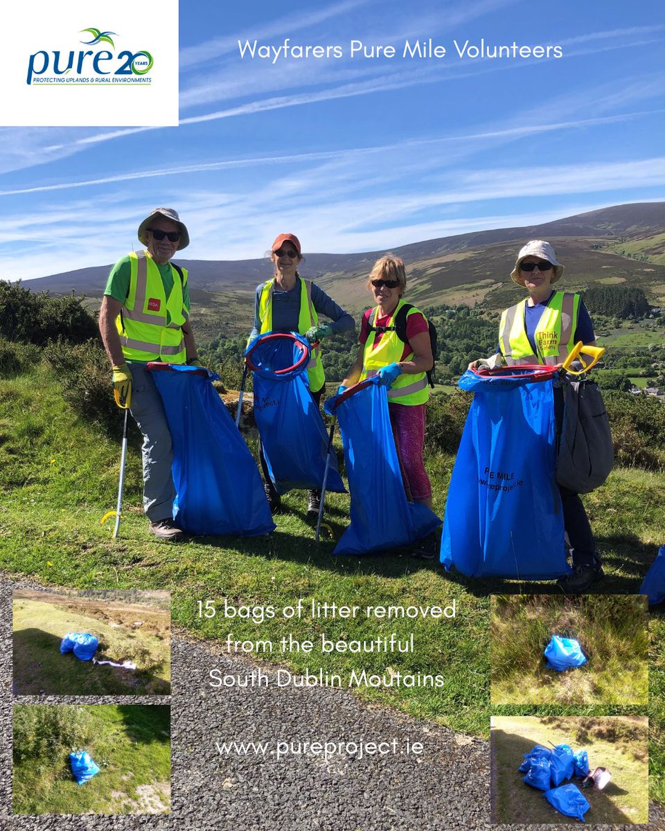 PureProject1's tweet photo. Well done to ALL the Wayfarers Pure Mile Volunteers on their recent  litter pick of the South Dublin Uplands which involved 14 volunteers and the collection of over 15 bags of litter from this beautiful landscape – This year we celebrate 20 years of Pure – https://t.co/yi0OJgkRUs https://t.co/mTYgGJXkhA