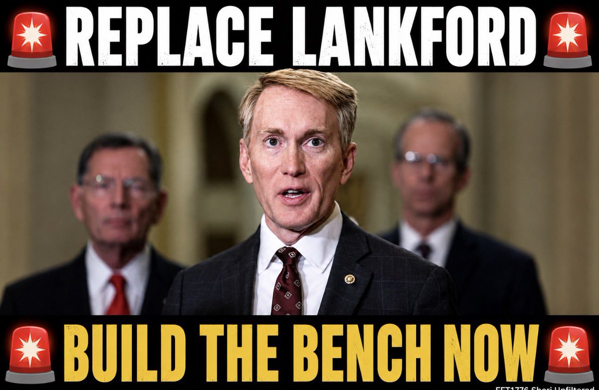 FFT1776's tweet photo. 🔥Oklahoma, start shopping now.

James Lankford isn’t on the ballot until 2028, but don’t wait until election season to start looking for a replacement.

If you’re tired of establishment Republicans making excuses while voters get ignored, start building the bench.

Name some 2028 Oklahoma primary options below.