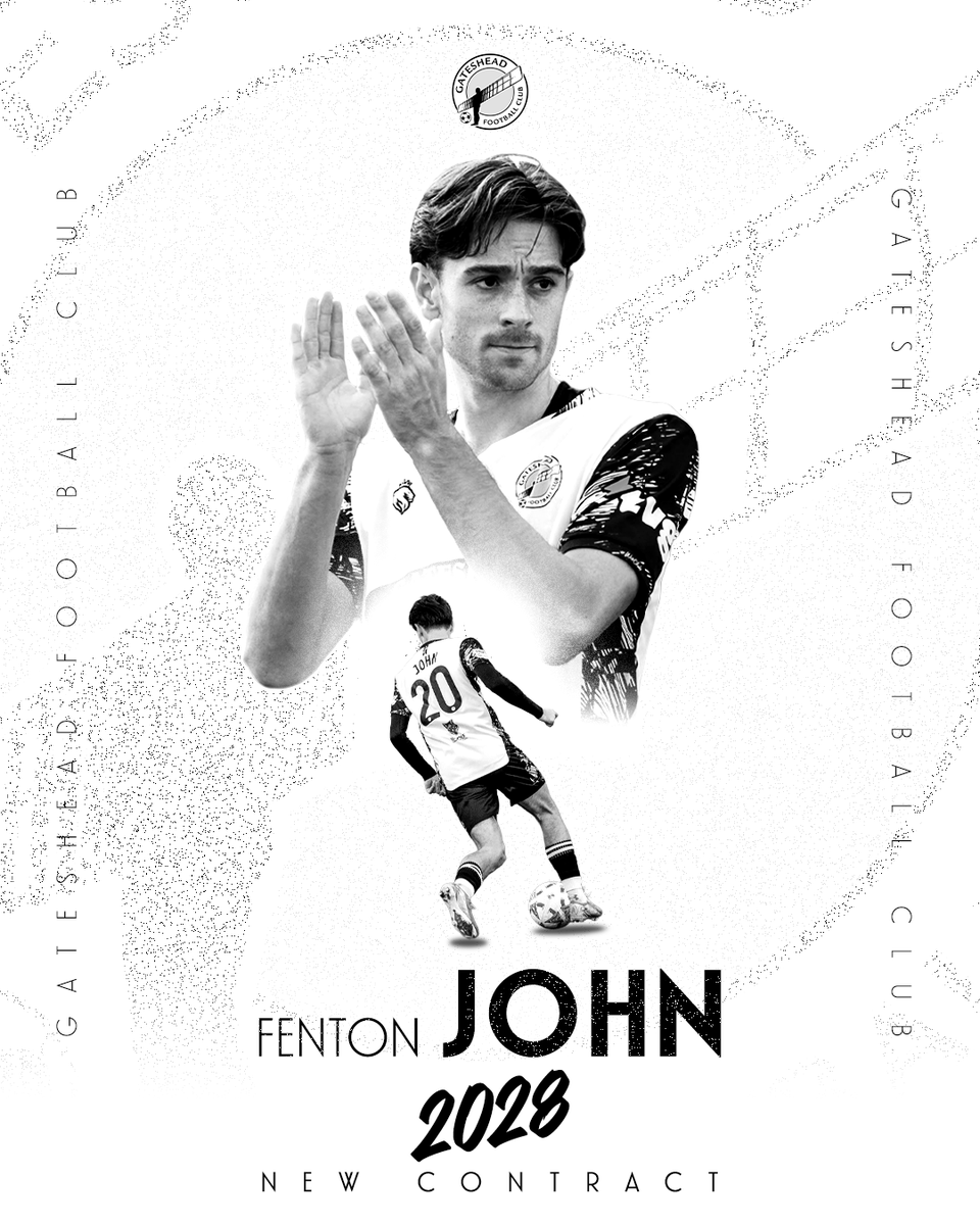 GatesheadFC's tweet photo. Fenton is here to STAY! 🤍🖤

We're delighted to confirm that Fenton John has signed a two-year contract extension at Gateshead until May 2028! 🤝

The 22-year-old pens a two-year extension following a breakthrough season across all competitions which saw him make 47 appearances for The Heed - the most of any player during the 2025/26 season.

John's outstanding performances in midfield throughout the campaign earned him two accolades at the club's End of Season Awards evening, as he was named both the Young Player of the Season and Supporters' Player of the Season.

The midfielder first joined the club in July 2024 and saw first-team opportunities limited during the 2024/25 season, grasping the opportunity to develop out on loan with temporary spells at Morpeth Town and Stockton Town before returning to cement his place as a first-team regular at Gateshead last season.

Great to have you with us for another two years, Fents!

The club will release details of the full retained list of playing staff ahead of the 2026/27 season as soon as it is possible.

#WorClub ⚪️⚫️