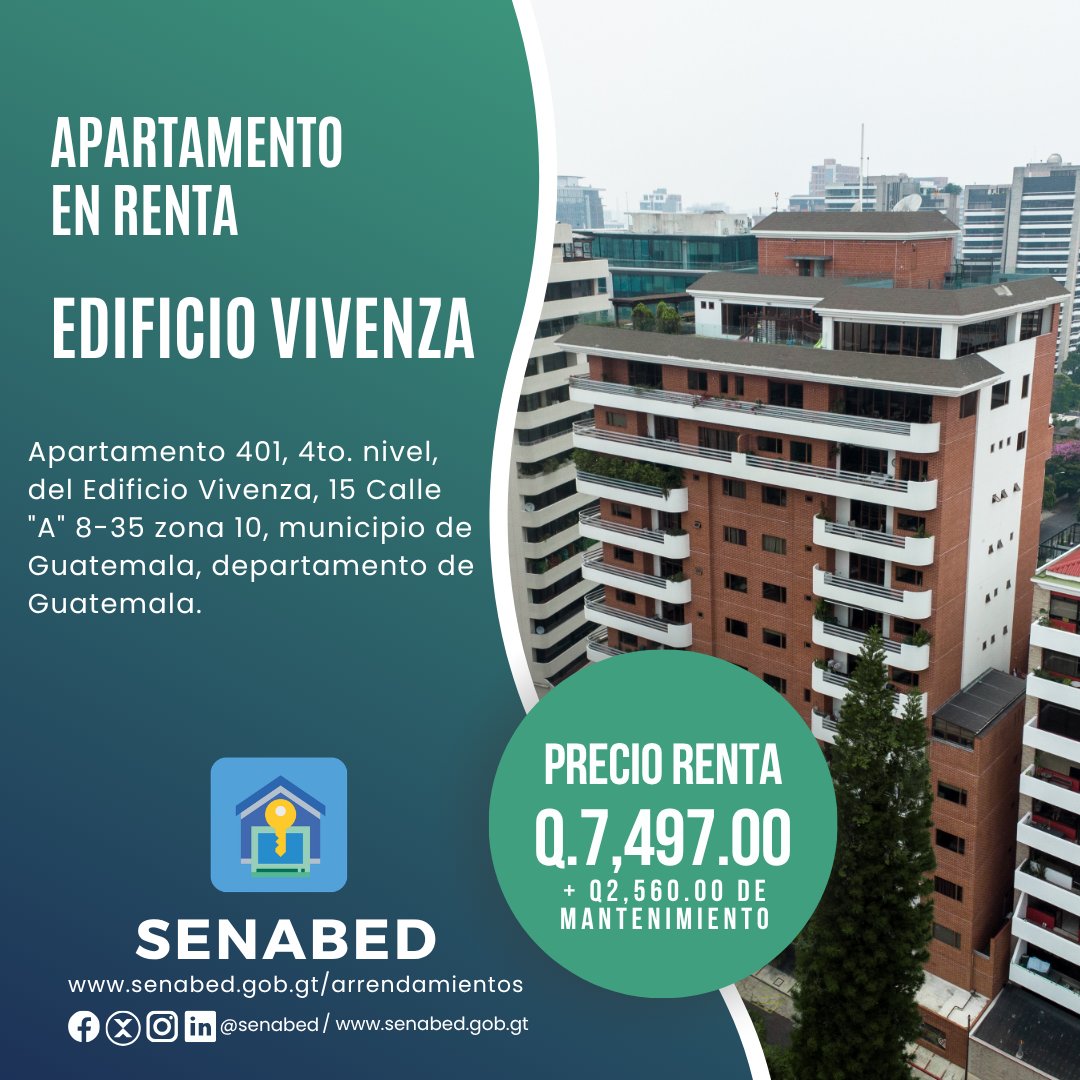 senabed's tweet photo. APARTAMENTO EN RENTA
Apartamento 401, 4to. nivel, del Edificio Vivenza, 15 Calle "A" 8-35 zona 10.
El Apartamento se encontrará disponible para arrendar desde mayo del 2026.

Precio de renta Mensual: Q7,497.00 + Mantenimiento Mensual Q2,560.00.
Información: 5312-9934 y 5312-8800 https://t.co/eQy87FHwpG