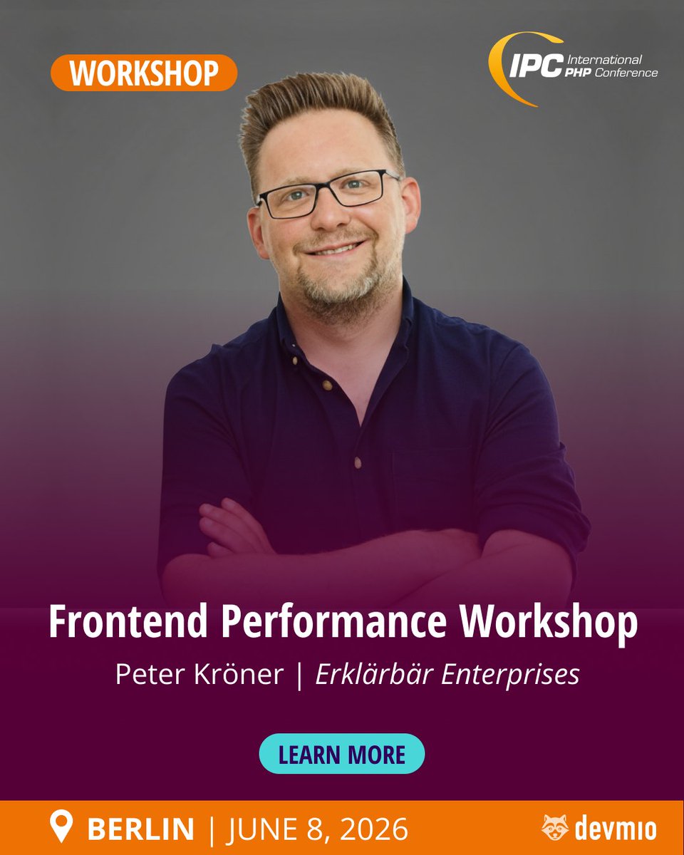 phpconference's tweet photo. ⚡ Fix real frontend bottlenecks

Peter Kröner shows you how browsers parse, execute &amp; render modern web apps:
✅ JS/CSS
✅ Flame charts &amp; runtime traces
✅ Smarter performance decisions

📅 Jun 8 | 09:00–17:00

🔗 https://t.co/RAxLX2MnoY

#IntPHPcon #JavaScript #CSS #WebDev https://t.co/l5ypxLg4tE