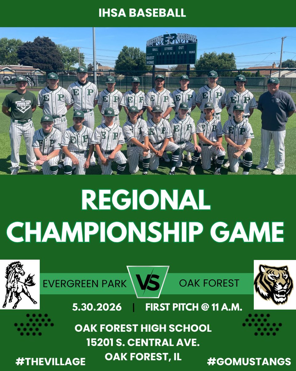 Epchs231's tweet photo. Our @EPCHSBaseball Mustangs will take on Oak Forest in the Regional Championship Game Saturday morning at 11 a.m. at Oak Forest. 

#GoMustangs https://t.co/1lyE4ZWPQI