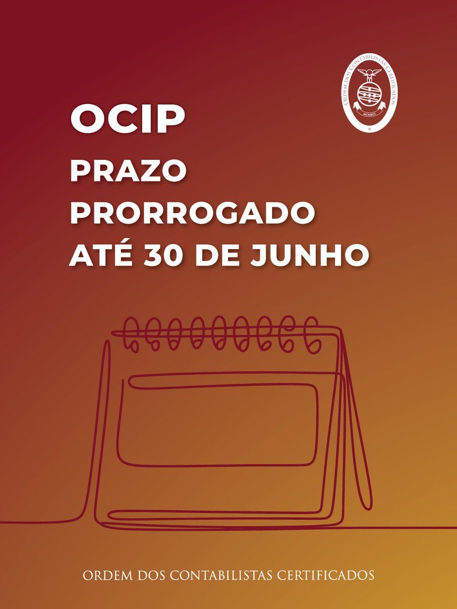 OrdemContab's tweet photo. OCIP – prazo prorrogado até 30 de junho
A informação consta da Portaria n.º 242-A/2026/1, de 29 de maio. https://t.co/ssmuVuAhMM