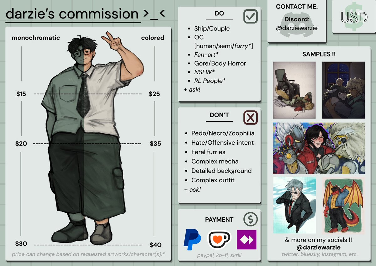 darziewarzie's tweet photo. DARZIE'S C0MMISSI0N IS OPEN :D
both in USD &amp; IDR !! ^_^

📃 t.o.s:
- please be polite when you DM !
- make sure that you have read the do &amp; don'ts !
- DO NOT FEED MY ART INTO A.I 💔

⏰ estimated work time: ±1 - 2 weeks!

[ shares are very much appreciated, thank youu !! 🩵🩵 ] https://t.co/47Afm5hlYL