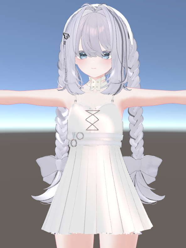 ToUI404's tweet photo. 服作りwip
ヘッドドレスからヘッドドレス風カチューシャにしてフリル取れるようにしたのやはり天才～！
あと普通にちとちゃんの顔が可愛い
#VRchat https://t.co/XdzxW0lwRu