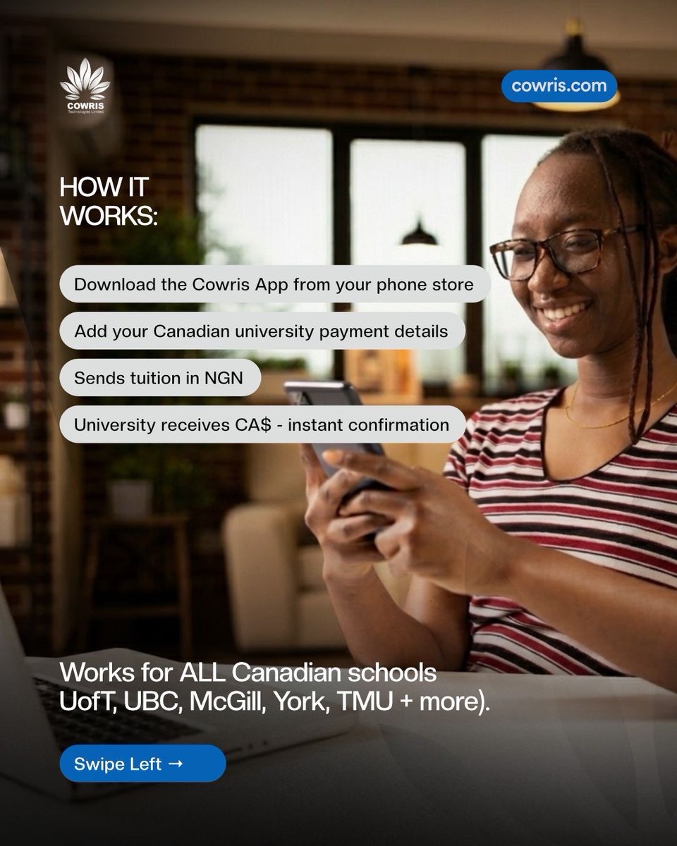 SendCowris's tweet photo. As an International student, you need to stop paying $75 for tuition. 

There’s a better way from Cowris that has zero transfer fees, best rates, and 3-minute delivery. 

That’s $150-$225 back in your pocket every year for textbooks, groceries, etc. 

Download Cowris app today. https://t.co/UAllivWBK6